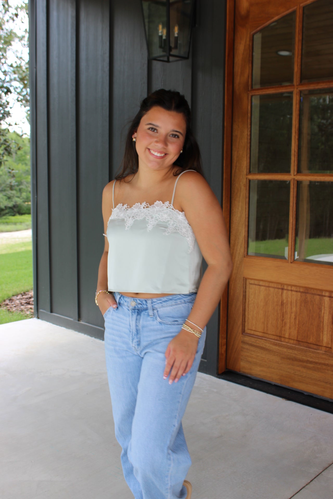 Mint lace cropped tank