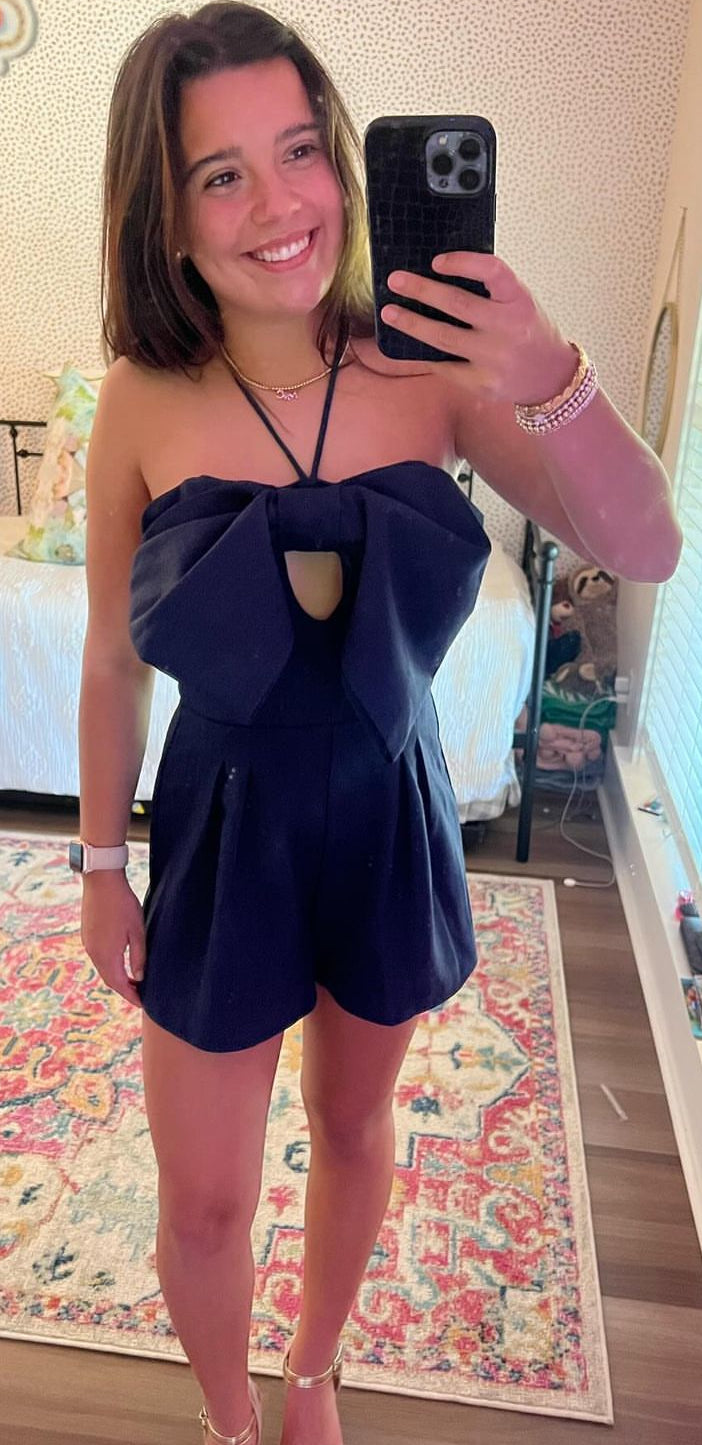 Navy bow romper